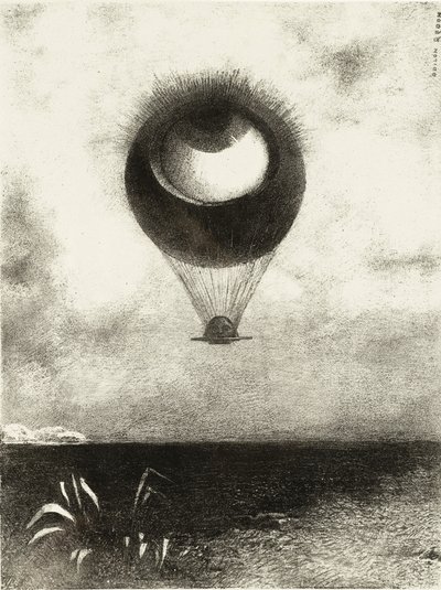 Silmä, kuin outo ilmapallo, nousee kohti ääretöntä. Sarja: Edgar Poelle, 1882 tekijältä Odilon Redon