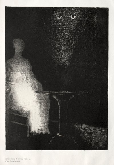 Kummitustalo: jatkoin katsomista tuoliin ja ajattelin näkeväni siinä vaaleansinisen..., 1896. tekijältä Odilon Redon