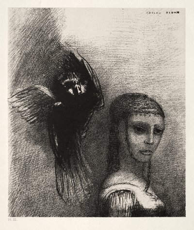 Pyhän Antoniuksen kiusaus Ensimmäinen sarja: Ja suuri lintu, laskeutuu taivaalta..., 1888. tekijältä Odilon Redon