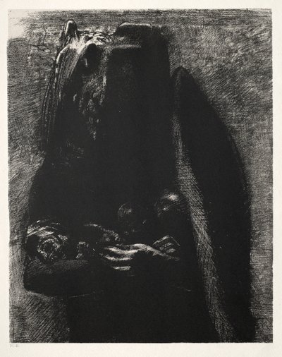 Pyhän Antoniuksen kiusaus Ensimmäinen sarja: Se on paholainen, joka kantaa kahden siipensä alla, 1888. tekijältä Odilon Redon