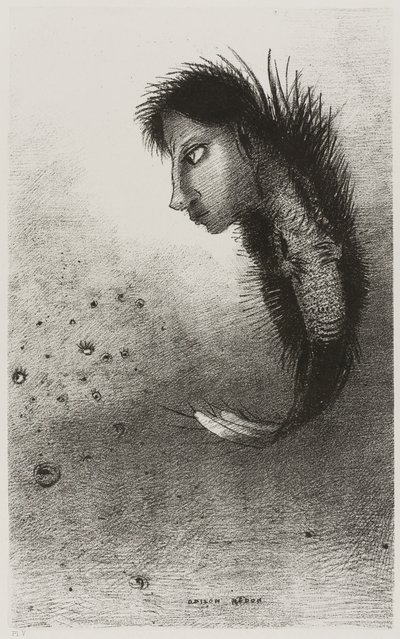 Sitten ilmestyy yksittäinen olento, jolla on miehen pää kalan vartalossa, levy 5/10 tekijältä Odilon Redon