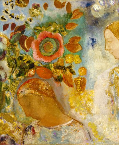 Kaksi nuorta tyttöä kukkien keskellä, 1912 tekijältä Odilon Redon
