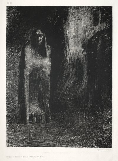 Yö: Mies oli yksin yömaisemassa, 1886. tekijältä Odilon Redon Lemercier and Cie.