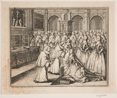 Piispa Hersleb voitelee kuningatar Louisen Frederiksborgin palatsikirkossa. Kuvitus Frederik d. IV:n voiteluteosta tekijältä Odvardt Helmoldt de Lode