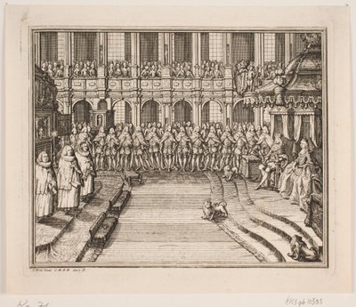 Kuningas Frederik V ja kuningatar Louise voiteluseremoniassa Frederiksborgin palatsikirkossa. Kuvitus Frederik d. IV:n voiteluteosta tekijältä Odvardt Helmoldt de Lode