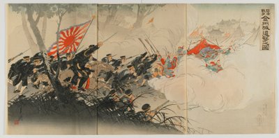 Taistelu Jinzhoussa, Meijin aikakausi, 1894 (värillinen puupainatus) tekijältä Ogata Gekko