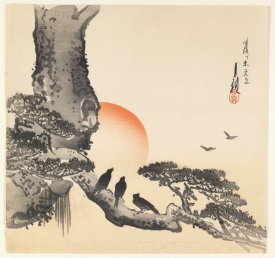 Crows on a Tree Trunk, Meiji-kausi, n. 1890-1910 (värillinen puupainatus) tekijältä Ogata Gekko