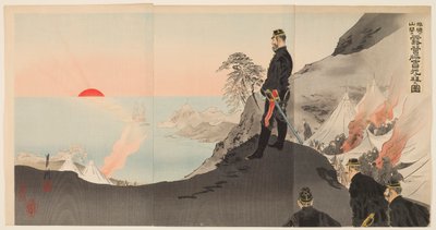 Oficials i homes admirant el sol naixent mentre fan bivac a les muntanyes de Port Arthur finlandès tekijältä Ogata Gekko