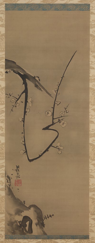 Prunus, riippuva kirjakäärö, n. 1700 (muste silkille) tekijältä Ogata Korin