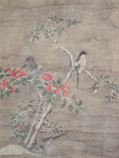 Lintuja ja kamelia lumessa, n. 1700 (muste ja värit paperilla) tekijältä Ogawa Haritsu