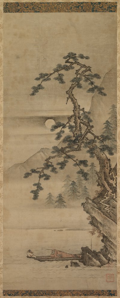 Kuutamoinen mäntymaisema vanhan miehen kanssa veneessä, Muromachi-kausi, 1392-1573. tekijältä Oguri Sotan