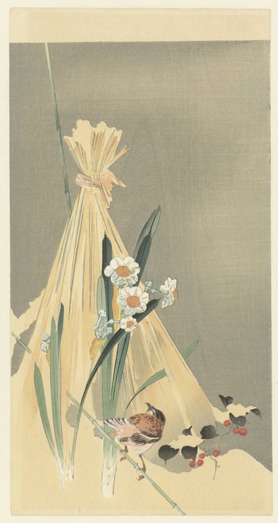 Laululintu heinänipussa tekijältä Ohara Koson (attributed to)