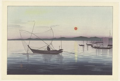 Veneitä ja laskevaa aurinkoa. tekijältä Ohara Koson