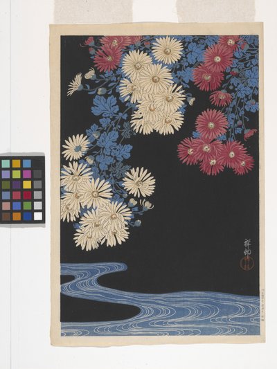 Krysanteemit ja virta (värillinen puupainatus) tekijältä Ohara Koson