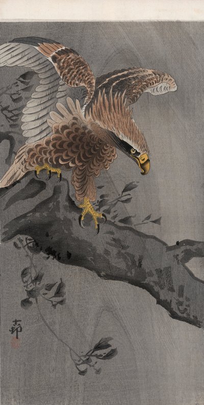 Kotka levitetyillä siiveillä puunrungossa (värillinen puupainatus) tekijältä Ohara Koson