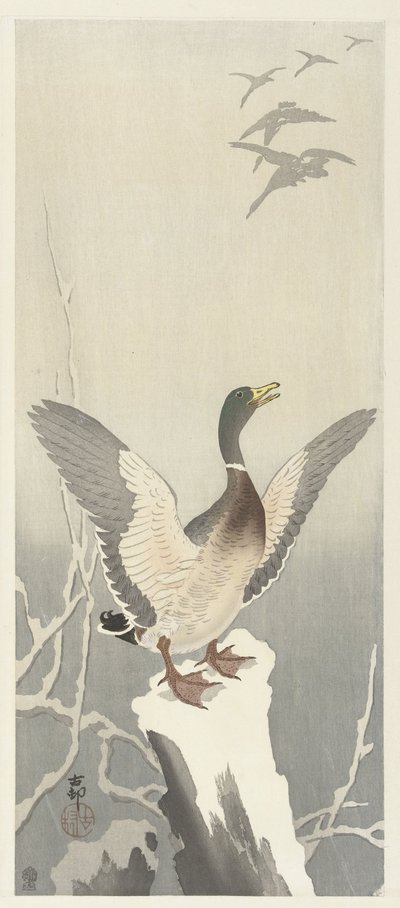 Ankka lumisella kannolla tekijältä Ohara Koson
