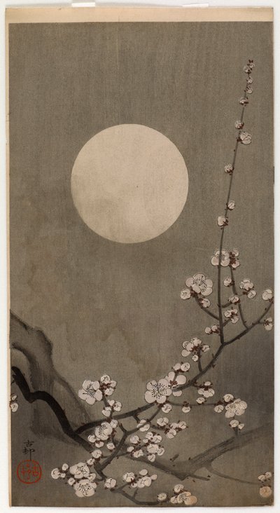 Kukkiva luumu ja kuu (värillinen puupainatus) tekijältä Ohara Koson