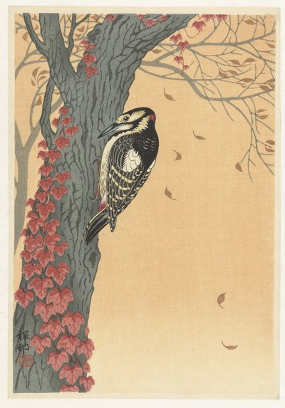 Isotikka puussa punaisella muratilla tekijältä Ohara Koson