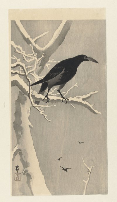 Varis lumisella puun oksalla. tekijältä Ohara Koson