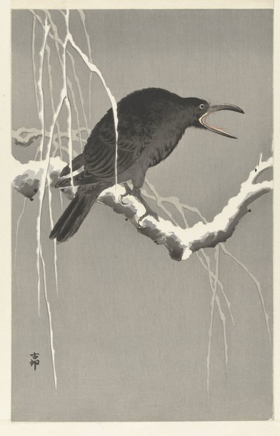 Varis lumisella puun oksalla tekijältä Ohara Koson