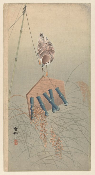 Varpunen variksenpelätin päällä tekijältä Ohara Koson