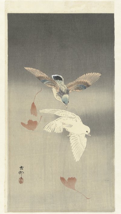 Kaksi kyyhkysiä putoavilla ginkgo-lehdillä tekijältä Ohara Koson