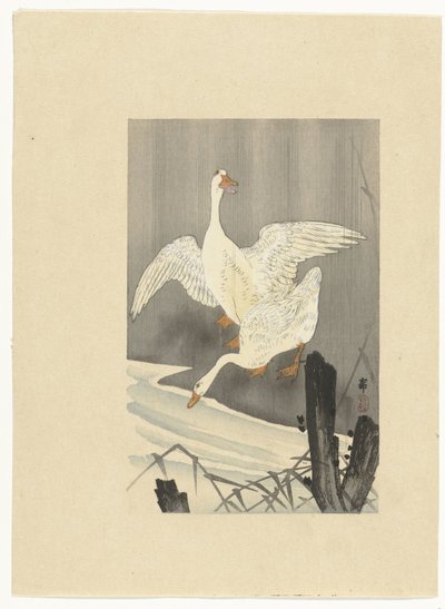 Kaksi hanhia joen rannalla tekijältä Ohara Koson