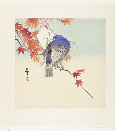 Kaksi kyyhkysiä oksalla syksyn lehdillä tekijältä Ohara Koson