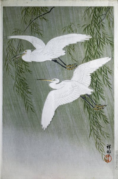 Two herons Flying Free, 1907 (värillinen puupiirros) tekijältä Ohara Koson