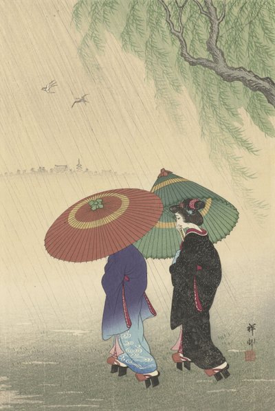 Kaksi naista sateessa, 1925-36 (väripuupiirros) tekijältä Ohara Koson