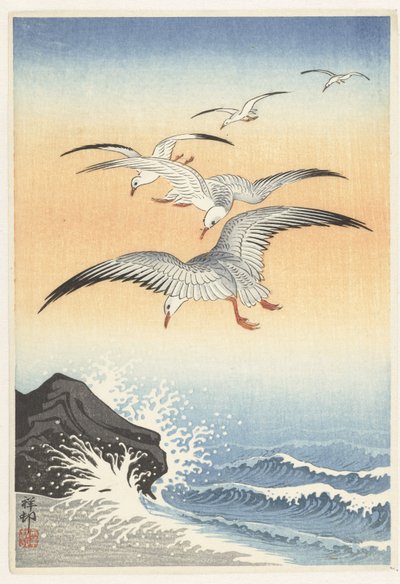 Viisi lokkea myrskyisen meren yllä tekijältä Ohara Koson