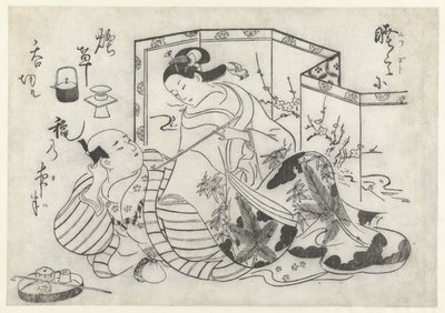 Japanilainen mies ja nainen tupakoivat taitettavan näytön edessä tekijältä Okumura Masanobu (attributed to)