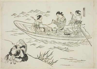 Eguchi ja rakkauden kalastusvene (Koi no tsuribune Eguchi), nro. 4 12 vedoksen sarjasta, joka kuvaa näytelmien parodioita. tekijältä Okumura Masanobu