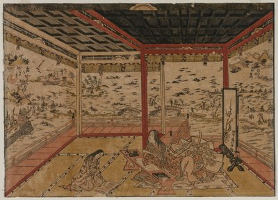 Lady Murasaki Ishiyamassa panoraamanäkymällä kahdeksalla näköalalla Biwa-järvelle tekijältä Okumura Masanobu