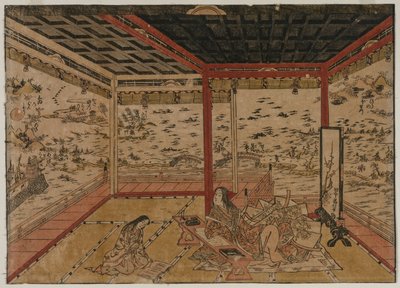 Lady Murasaki Ishiyamassa näköalalla panoraamalle, josta on seitsemän näköalaa Biwa-järvelle, 1740-luku. tekijältä Okumura Masanobu