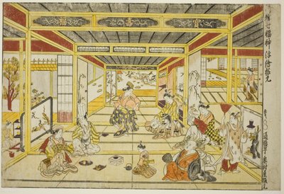 Alkuperäinen perspektiivikuva muodikkaasta seitsemästä onnenjumalasta (Furyu shichi fukujin uki-e kongen) tekijältä Okumura Masanobu