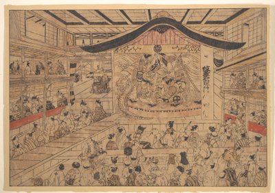 Perspektiivikuva (uki-e) kabukiteatterista, jossa esitetään "Sogan veljesten ja Nagoya Sanzan vaakunakuviot" (Mon-zukushi Nagoya Soga) tekijältä Okumura Masanobu