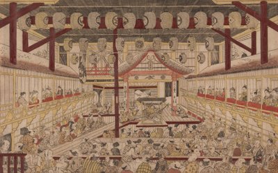 Perspektiivikuva Nakamura-teatterin sisätiloista Ichikawa Ebizo II:n kanssa Yanone Gorona, 1740 tekijältä Okumura Masanobu