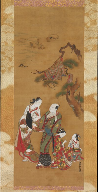 Yukihira und zwei Bräutjungfern in Suma tekijältä Okumura Masanobu