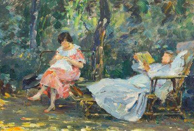 Ler e tricotar no jardim (óleo sobre painel)finlandês tekijältä Olga (1881 1941) Slomszynska