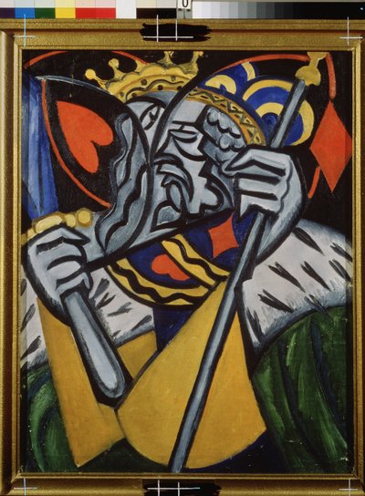 Sydänkuninkaan ja timanttien kuninkaan samanaikainen esitys. (Samanaikainen esitys Hearts Kingistä ja The King Of Diamondsista). Olga Vladimirovna Rozanova (1886-1918) maalaus, öljy kankaalle, noin 1915. Venäläinen taide, 1900-luku, avantgarde tekijältä Olga Wladimirowna  Rosanowa