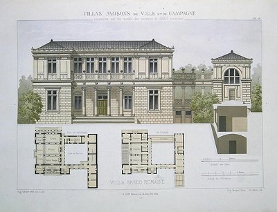 Villa Greco Romaine, kaiverrus Walter, levy 49 julkaisusta "Villas, Maisons de Ville et de Campagne", julkaistu Pariisissa (väri litho) tekijältä Olive (after)