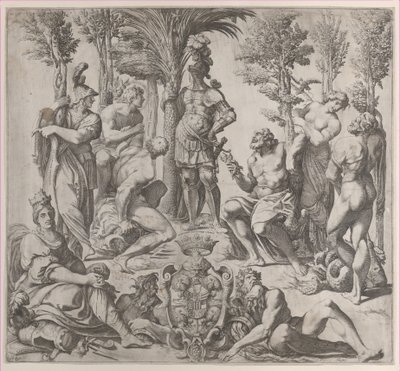 Allegorinen sävellys, jossa kuusi olympialaista jumalaa kokoontui panssarihahmon ympärille, 1615-35, 1615-35. tekijältä Oliviero Gatti