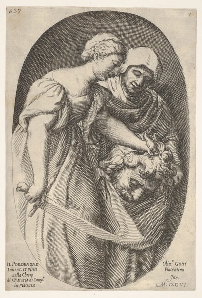 Judith Holofernesin pää vasemmassa kädessään ja miekka oikeassa kädessään, saattaja..., 1606. tekijältä Oliviero Gatti