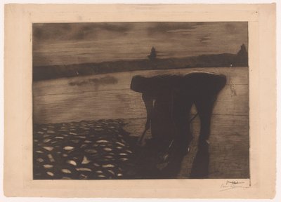 Mies ja nainen työskentelevät öisin joen uomassa tekijältä Omer Coppens (signed by artist)