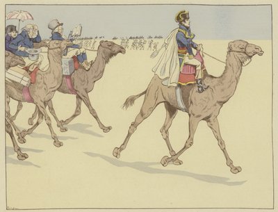Faaraoiden maahan saapunut Napoleon meni kaikkialle ja seurasi tutkijoiden ja taiteilijoiden komissio, jotka eivät olleet koskaan ratsastaneet kamelin selässä, 1. heinäkuuta 1798 tekijältä Onfray de Breville Job