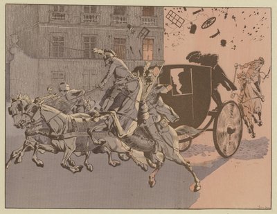 Napoleon pakenee ihmeellisesti pommin, koneenfernalen, räjähdyksestä Rue Saint-Nicaisella, Pariisissa, 24. joulukuuta 1800. tekijältä Onfray de Breville Job