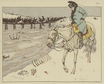 Napoleon katselee Grand Armeensa jäänteitä Berezina-joen varrella vetäytyessään Moskovasta, 1812 tekijältä Onfray de Breville Job