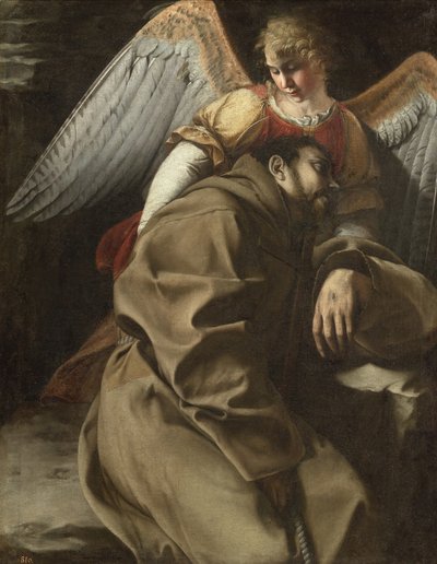 Pyhä Fransiskus enkelin tukemana, noin 1607 (öljy kankaalle). tekijältä Orazio Gentileschi