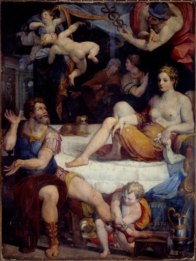 Troijan sota: "" Merkurius käskee Eneet hylkäämään Didonin"" Orazio Samachinin (1532-1577) maalaus 1500-luvun aurinko. 2,49x1,78 m tekijältä Orazio Samachini